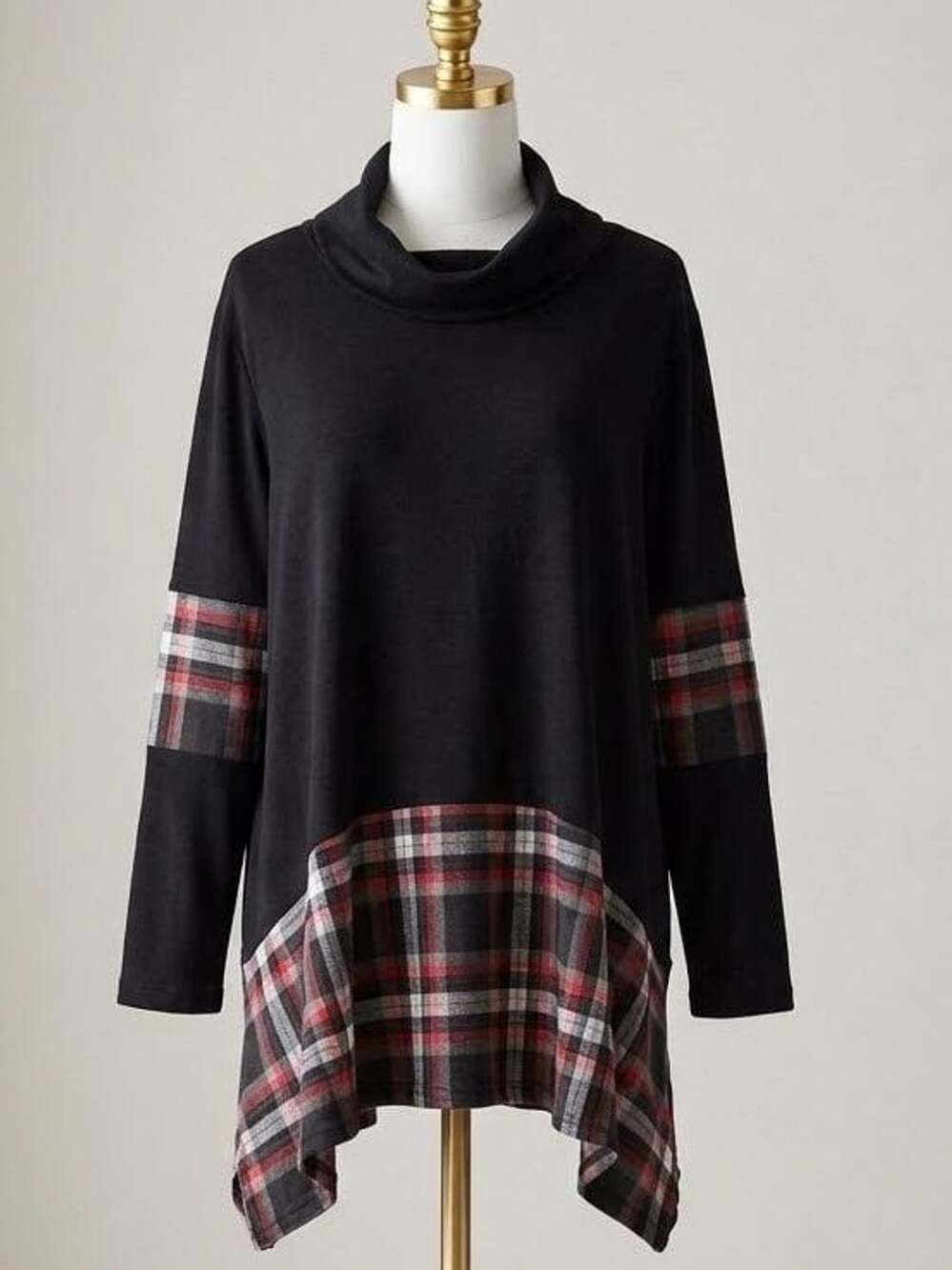 Bloomchic Plaid Cowl Neck Tunic Top Shirt Black Long Sleeve Size 12 Large